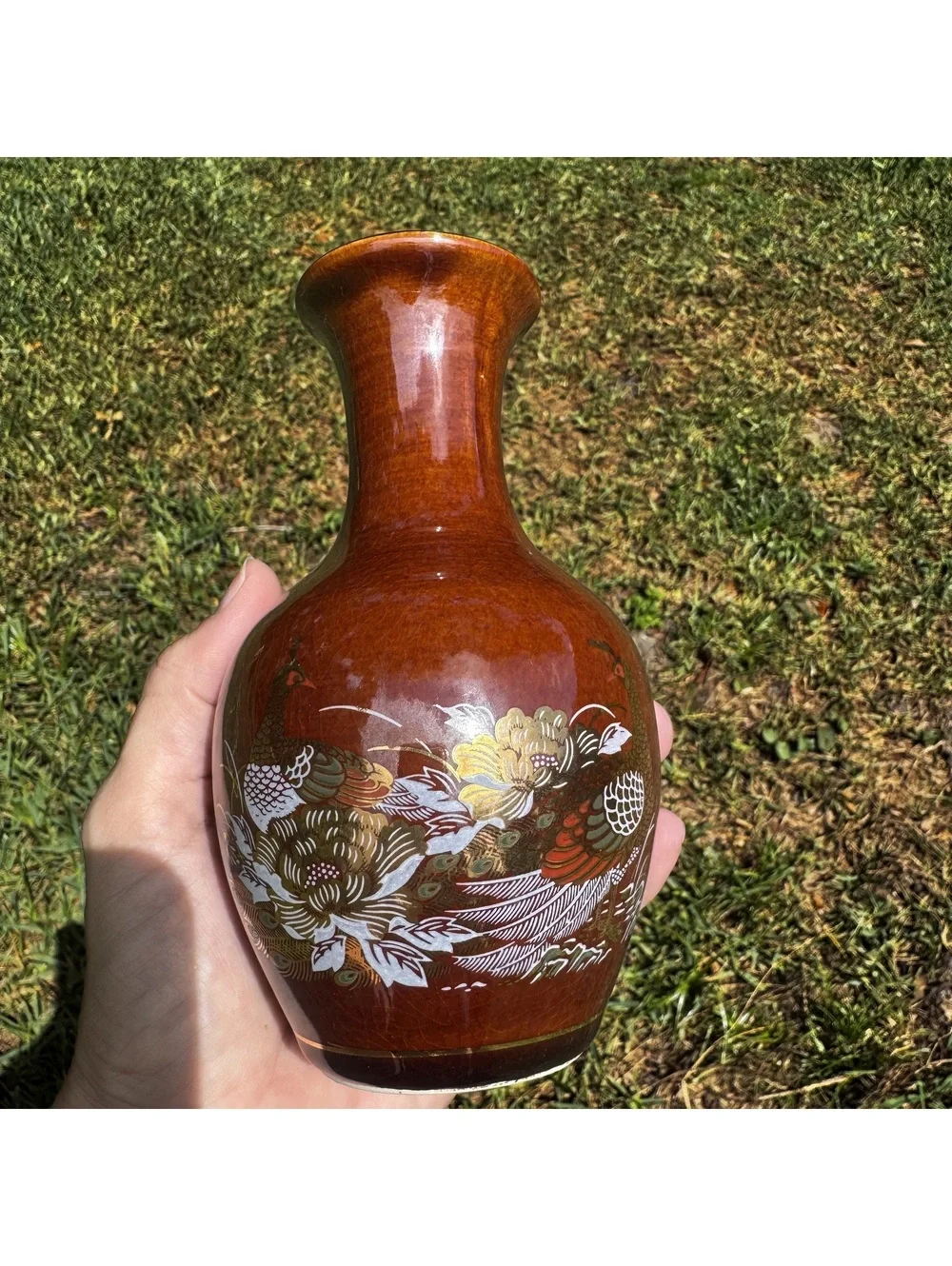 Vintage Peacock Floral Brown Ceramic Vase 6 Inch Decorative Accent